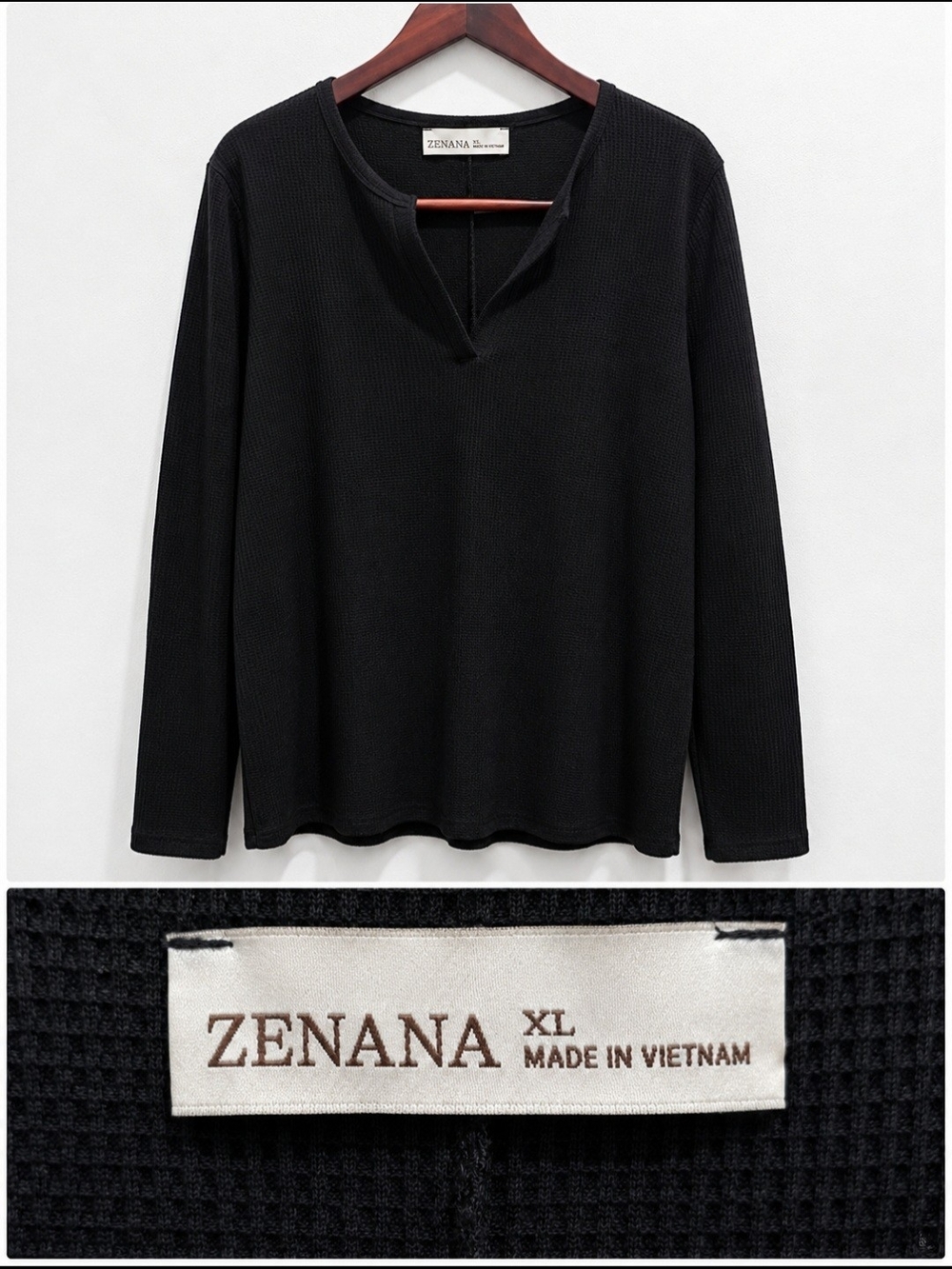 Zenana Outfitters Black Long Sleeve Notch Neck Thermal Top